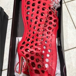 Red Lace-Up Cutout Heels